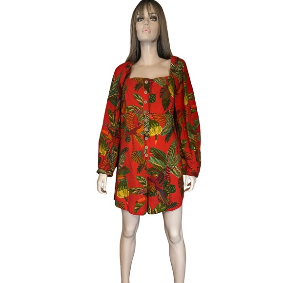 Anthropologie Farm Rio Red Forest Birds Romper Playsuit Linen Tiki Bold Print - Picture 5 of 16